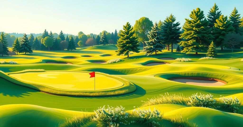 Golf course scene with lush green fairways and flags on tees under a clear blue sky.