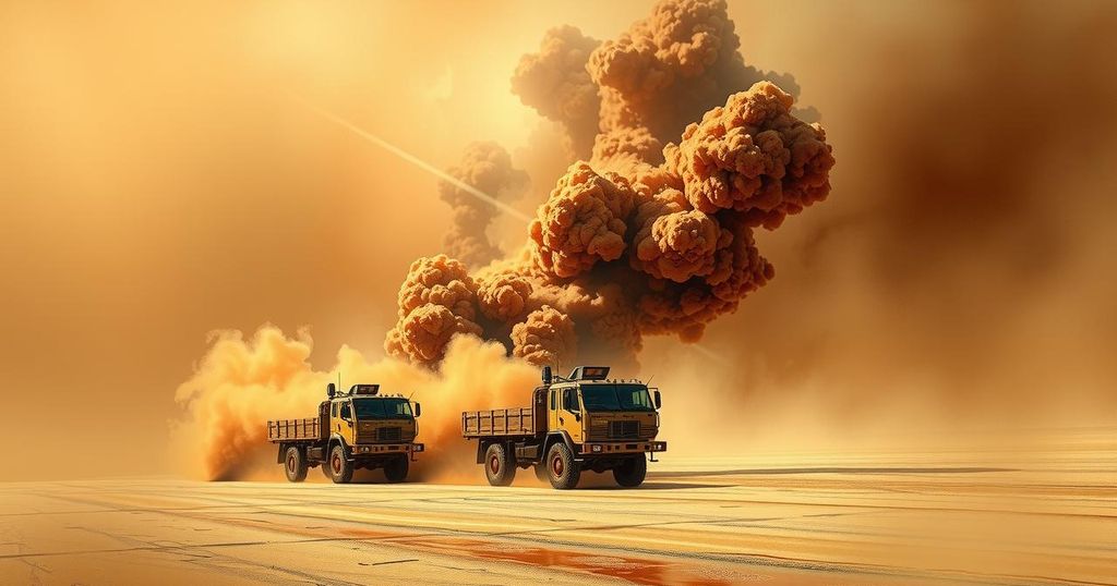 Desert landscape with military trucks and smoke in the background, embodying tension and conflict.