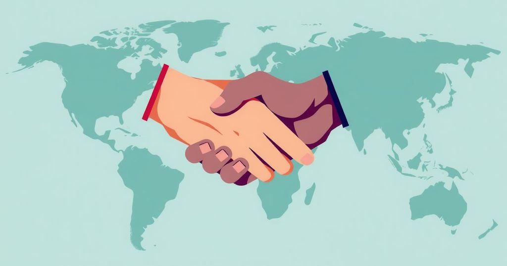 Diplomatic handshake symbolizing peace treaty between nations with a world map background.