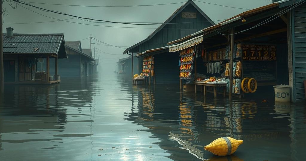 Flooded market scene in Nigeria with submerged stalls and rising water levels, showcasing impact of climate change.