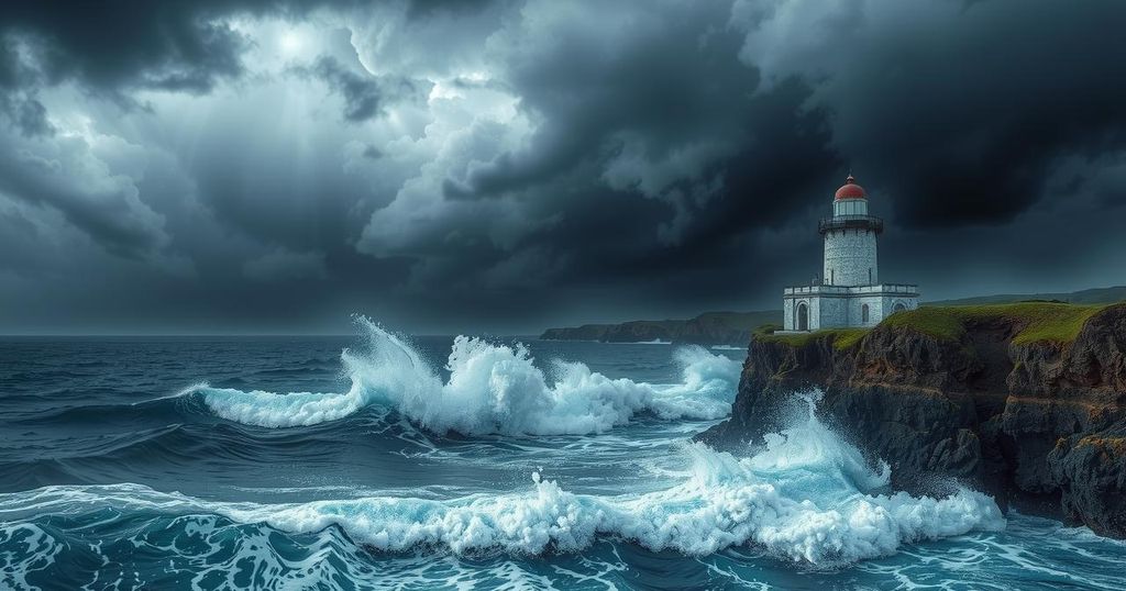 A hurricane churns over a coastal area with dark clouds and rough waves