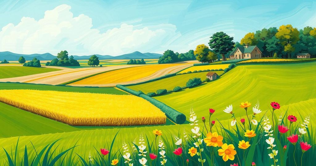 A serene and colorful landscape depicting fields and nature in vivid hues, evoking peacefulness.