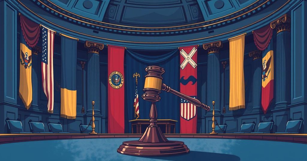 A symbolic depiction of a divided Senate with contrasting flags and a gavel, reflecting war powers debate.