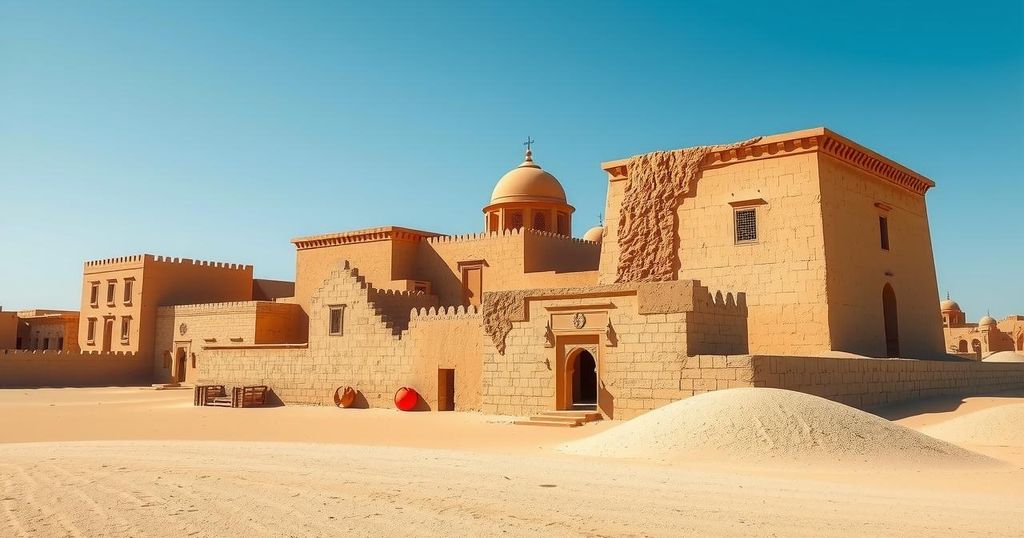 A serene landscape of Timbuktu with ancient architecture and desert scenery, under a clear blue sky.