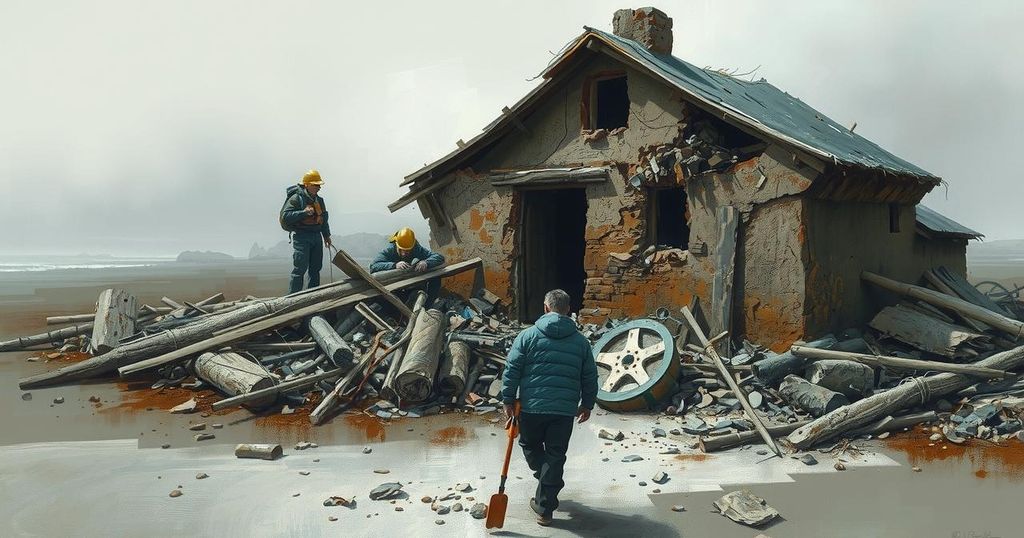 Collapsed building in a coastal town, rescue teams working amidst rubble, somber atmosphere with muted colors.