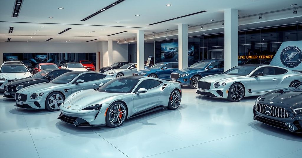 A luxury car dealership showcasing high-end vehicles in a modern setting with sleek lines and dynamic lighting.