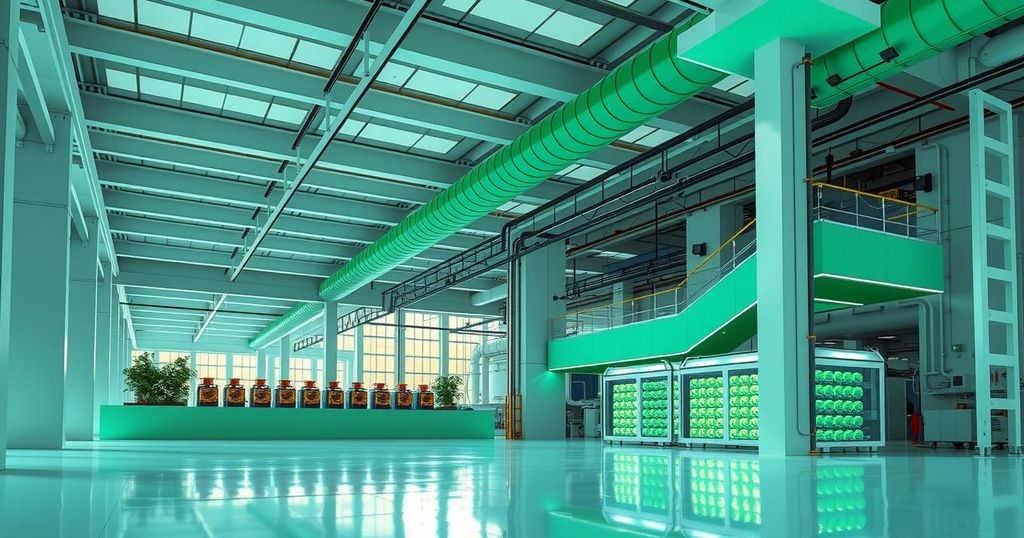 A modern EV battery plant featuring advanced technology and green energy solutions in Indonesia, showcasing innovation.