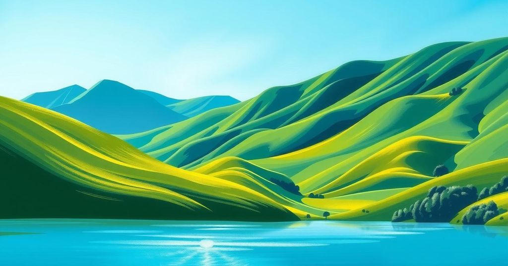 A peaceful landscape featuring rolling green hills and a serene lake under a clear blue sky, evoking tranquility.