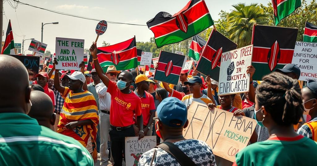 A tense protest scene in Kenya, with vibrant banners and peaceful crowds demanding justice in bold colors.