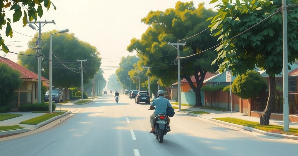 A serene street scene in Nairobi with trees and calm sky, showing empty roads as protests had taken place.