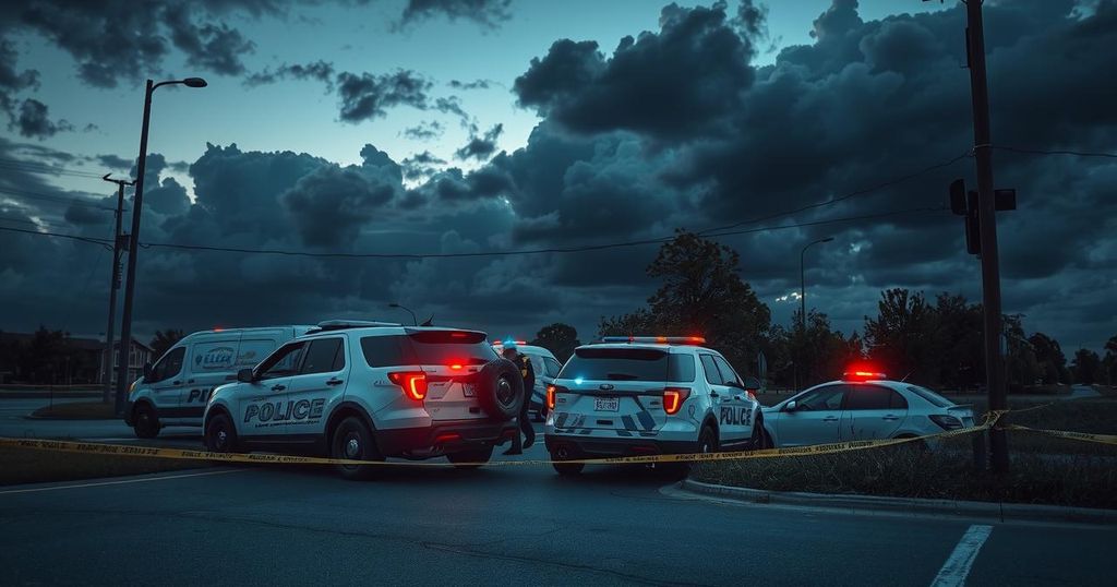A dramatic scene depicting police vehicles near caution tape at a crime scene with intense clouds above.