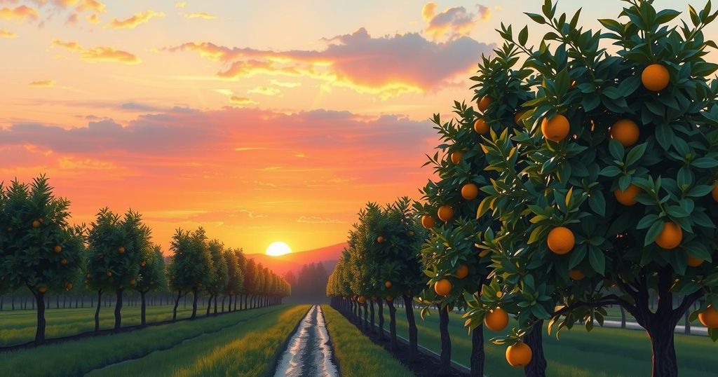 Somber landscape depicting a citrus farm with a sunset, symbolizing loss and resilience among immigrants.