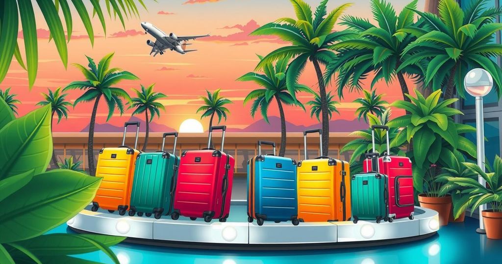 A scenic view of a luggage carousel at an airport, featuring a backdrop of lush tropical foliage.