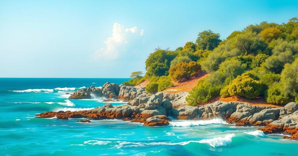 A scenic view of a coastal landscape in Somaliland, showcasing diverse vegetation under a clear blue sky.
