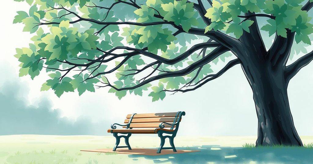 A serene landscape with soft pastel colors, depicting an empty park bench under a large tree, symbolizing reflection.