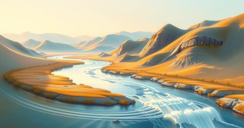 A peaceful landscape depicting diplomacy and dialogue in a harmonious setting with soft colors and organic shapes.