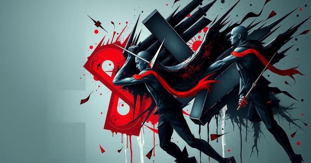 An abstract representation of conflict and youth in Colombia, with dark tones and fragmented shapes symbolizing turmoil.