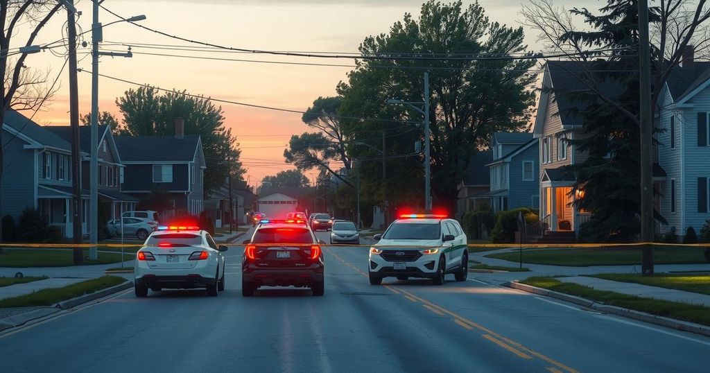 A tranquil Minnesota neighborhood at dawn, with police vehicles and yellow tape surrounding a home, indicating a serious incident.