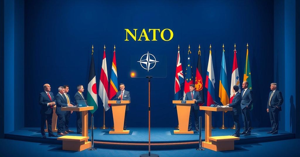 NATO summit scene in The Hague with flags, military discussions, and NATO leaders in focus.