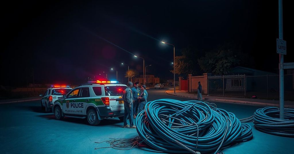 Three suspects arrested for stealing electrical cables in Niger, in a nighttime scene with police vehicles.