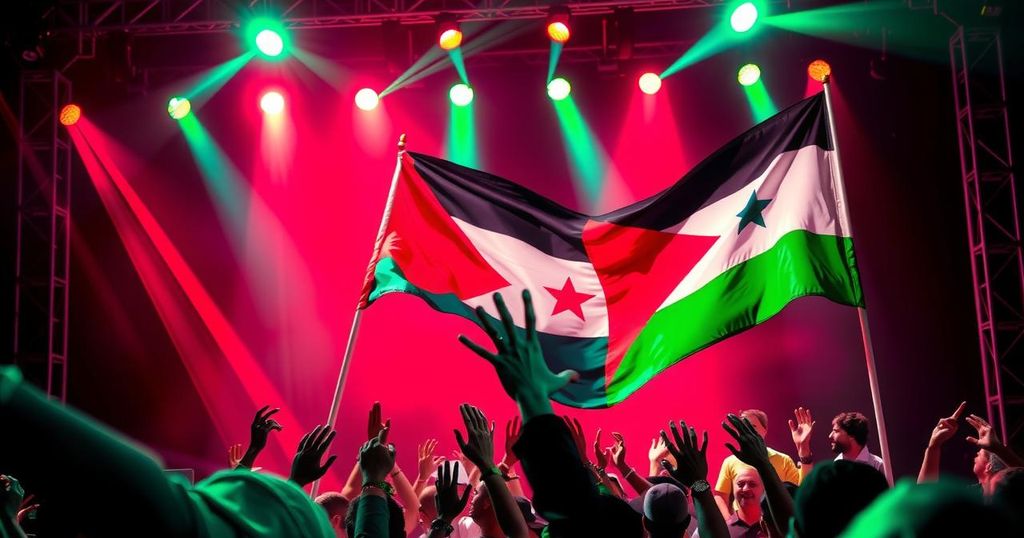 A colorful flag representing Sudan and Palestine against a vibrant concert backdrop.