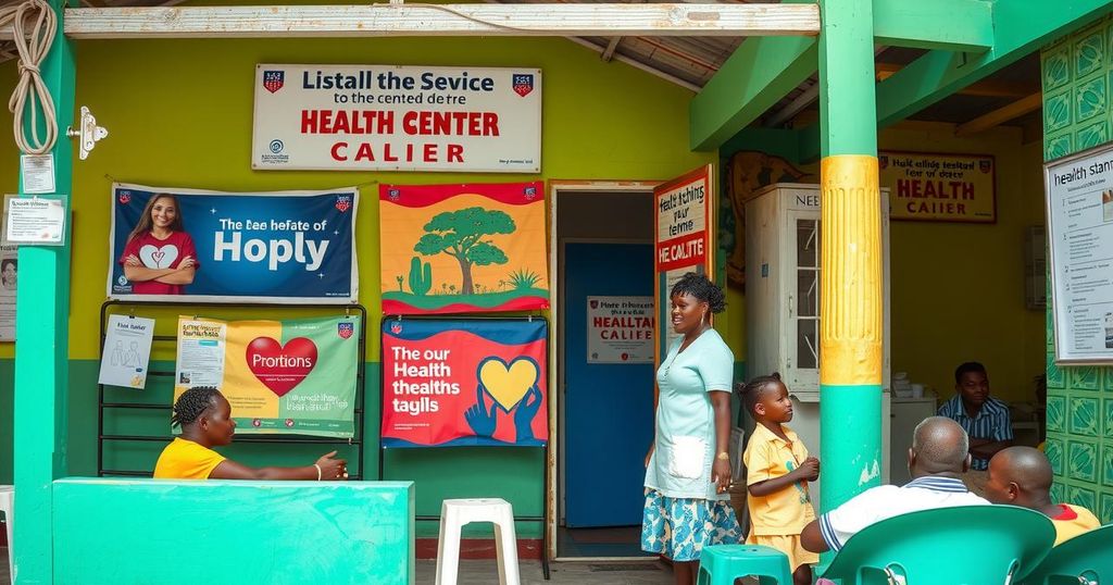 A vibrant health center in Maputo with colorful banners, showcasing a collaborative atmosphere of community care.