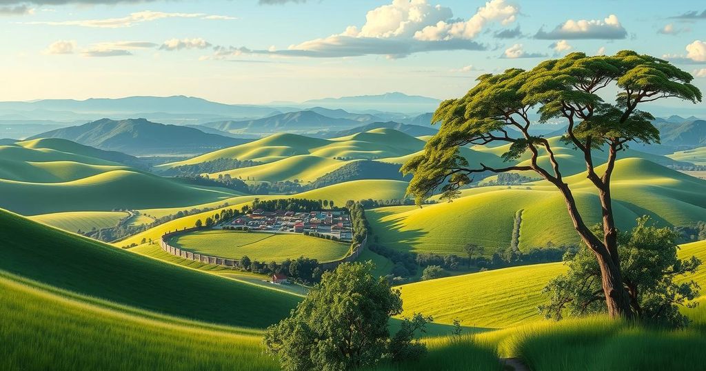 A serene landscape of Kenyan countryside with a military base in the distance, featuring rolling hills and lush greenery.