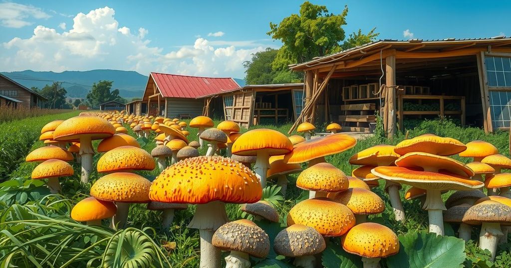 Vibrant mushroom farm in Ethiopia showcasing diverse mushroom varieties, with growth and prosperity as the themes.