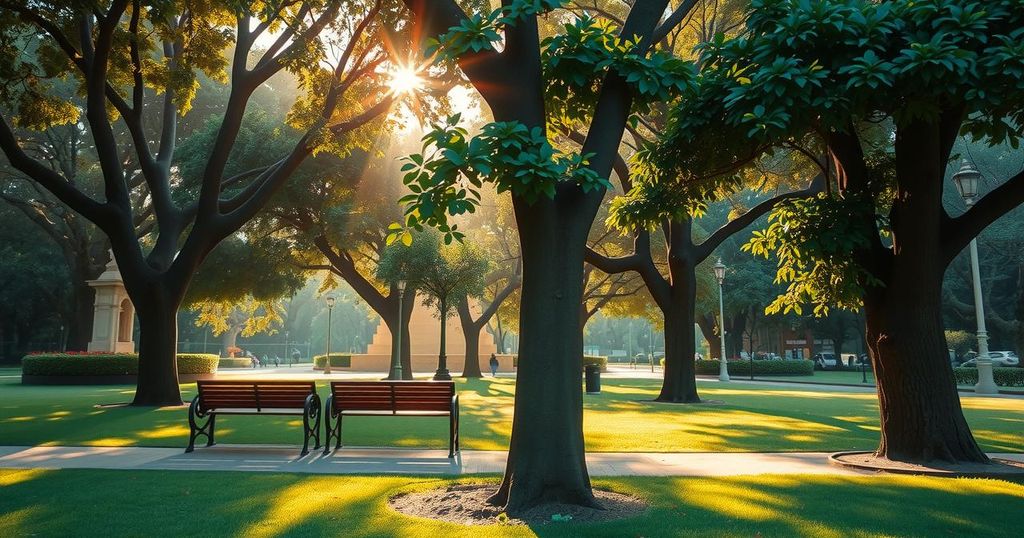 A serene park scene in Bogota with trees and benches, illustrating quietness and peace in contrast to turmoil.