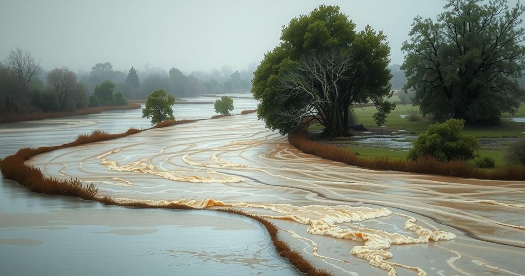A rainy landscape with swollen rivers and streams, highlighting the impact of flooding from heavy rainfall.