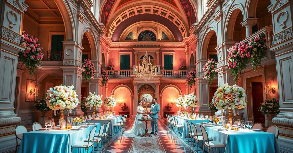 Venice wedding venue with elegant architecture and decorations, showcasing luxury and romance without people.