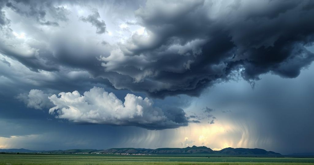 Thunderstorm clouds gathering over Montana landscape, with rain showers approaching the horizon in a dramatic sky.