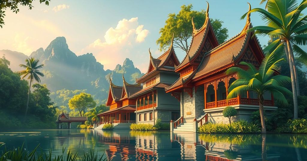 A scenic view of Thailand with lush greenery and traditional architecture, symbolizing a journey and cultural experiences.