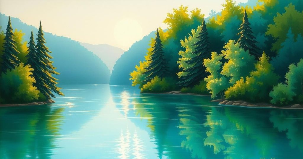 A peaceful landscape featuring lush green forests and serene waters representing harmony between nations in Africa.