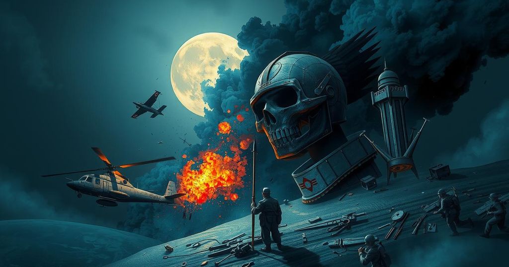 Surreal art depicting a dramatic conflict scene with abstract representations of military forces and tension-filled sky.