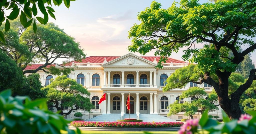 Vietnam's parliament building amid lush greenery, symbolizing change in law and justice reforms.