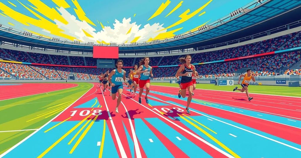 A bright, colorful track scene depicting the excitement of a sprint race at a stadium with blurred motion.