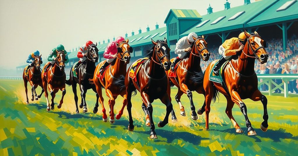 Racehorses competing at Churchill Downs during the Stephen Foster Stakes in vibrant colors.