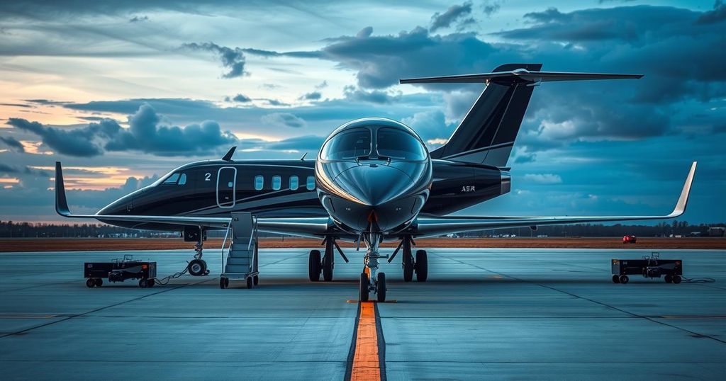 A sleek luxury jet with a dark color scheme and modern features reflecting security and advanced technology.
