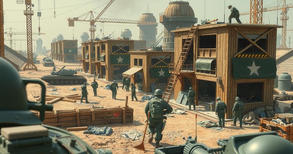 A modern construction site with military-style structures being built, showcasing teamwork and cooperation in progress.