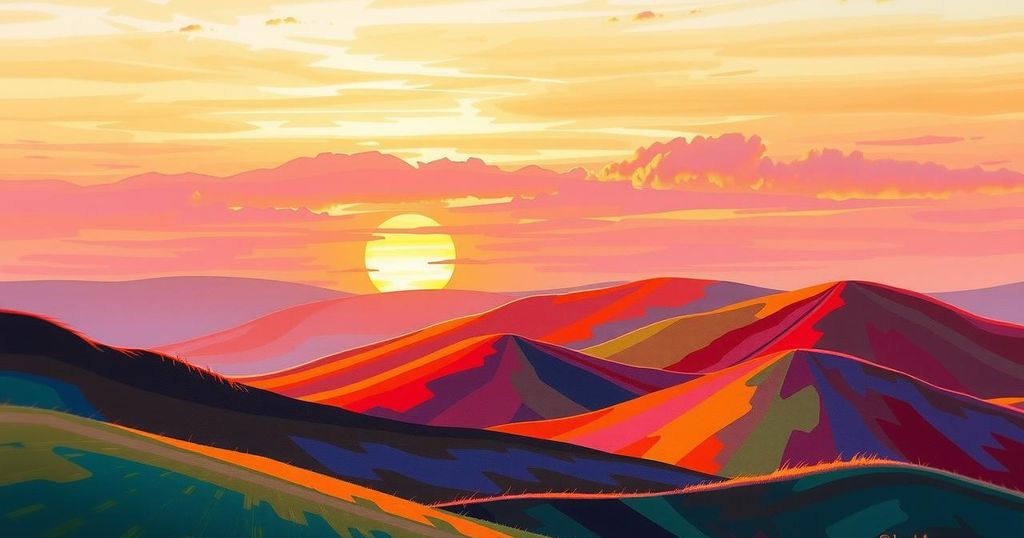 A vibrant sunset over a serene landscape with colorful hills and gentle clouds.