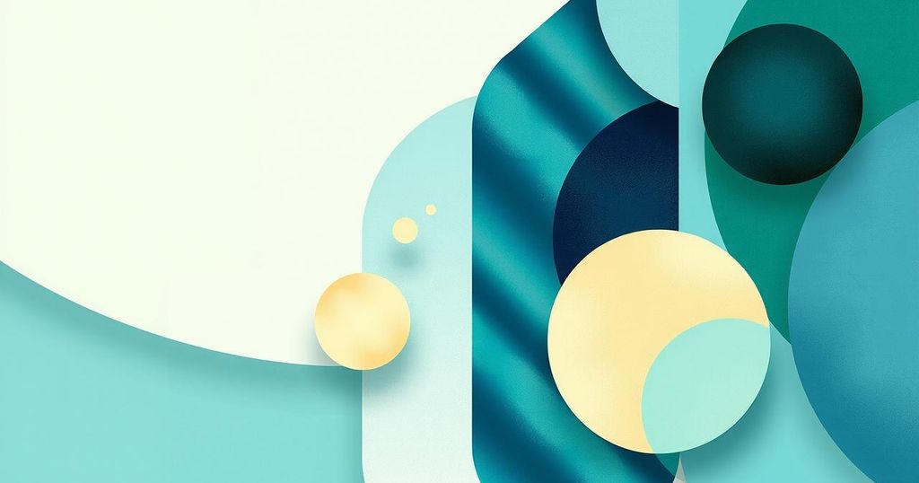Colorful abstract art representing peace talks between nations with soft geometric shapes and a serene palette.