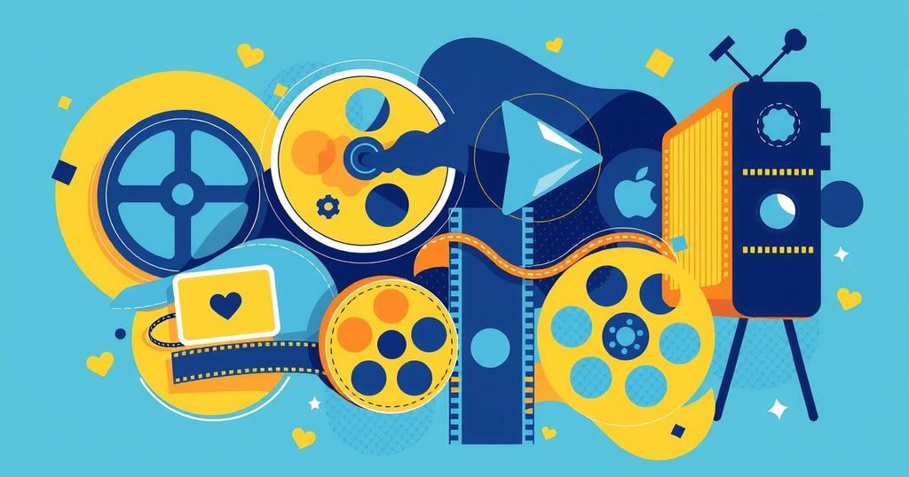 Colorful abstract representation of entertainment partnerships with film and television elements.