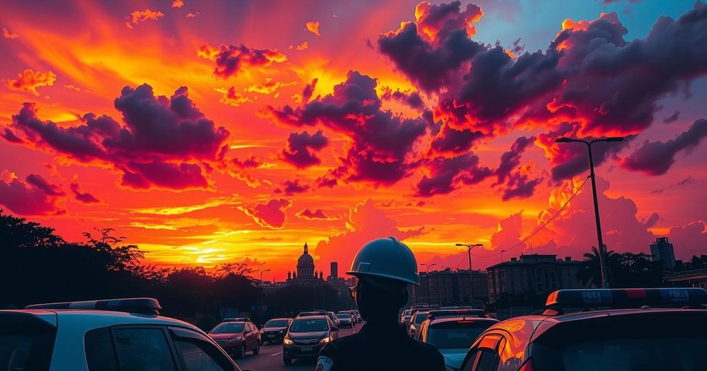 A dramatic sunset over Nairobi, with silhouettes of police vehicles, a city skyline, and intense clouds.
