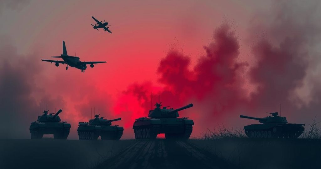 Abstract depiction of military cooperation, with silhouettes of tanks and planes, in muted grays and reds, conveying tension.