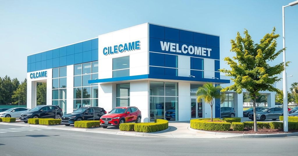 A modern car dealership building in Lekki, with sleek design and an inviting entrance, surrounded by greenery.