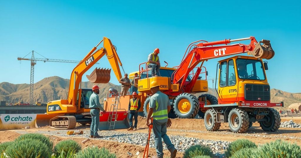 Landscape view of construction workers and machinery under a blue sky, highlighting teamwork in engineering projects.