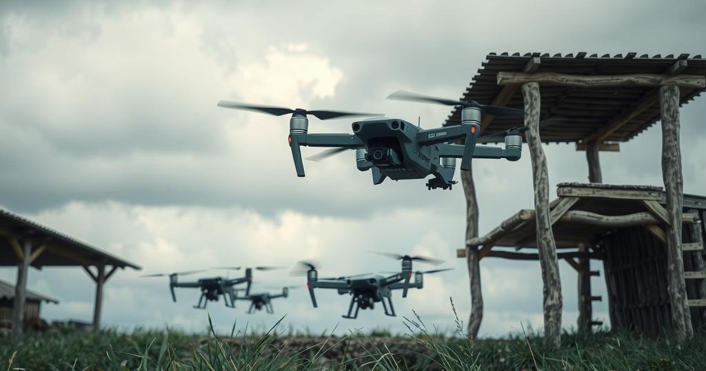 Aerial view of drones launching from concealed structures against a cloudy sky, highlighting a military operation.