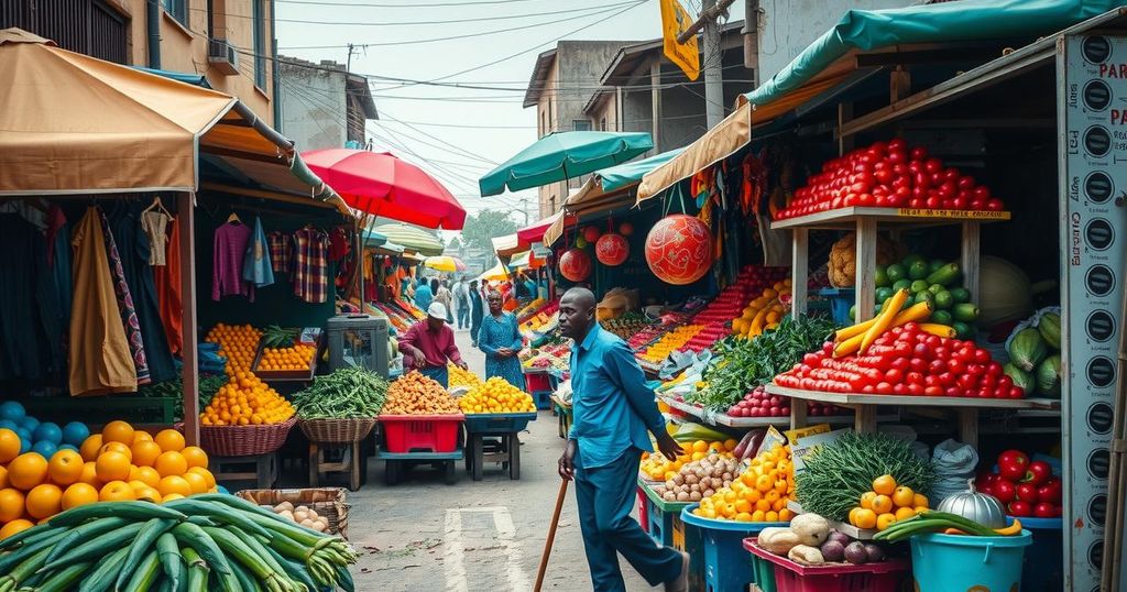 Vibrant street vendor scene in Harare, Zimbabwe, with colorful fruit and vegetable stalls amidst urban chaos.