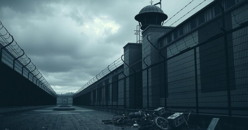 A somber landscape showing a prison surrounded by barbed wire under a gray sky, symbolizing confinement and despair.